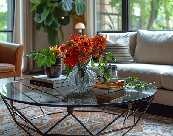 Beautiful table with vibrant flowers and stylish decor.