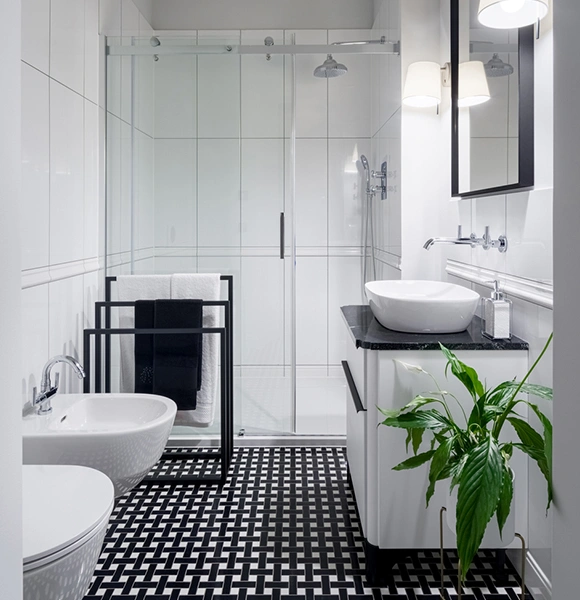 Modern bathroom with a shower, nice decor and greenery.