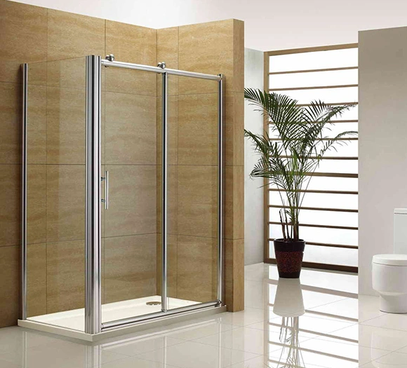 Modern glass shower door in a stylish bathroom.