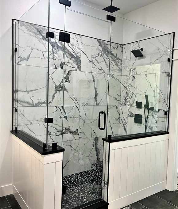 Custom glass made shower door in bathroom