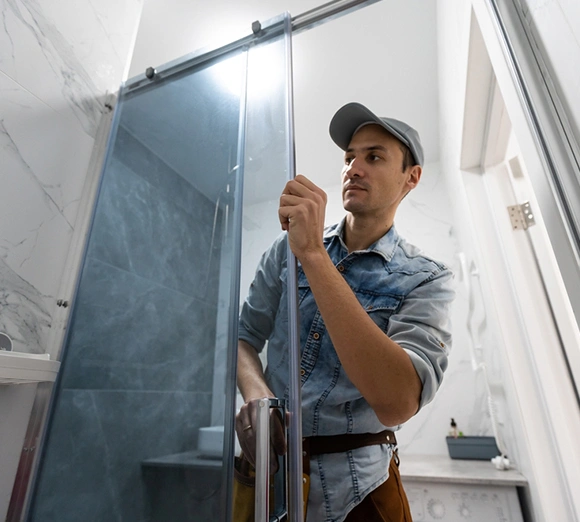 Professional technician performing Shower Door Repair in bathroom setup.