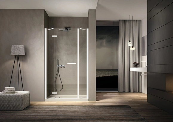 Residential bathroom featuring sleek shower door solution