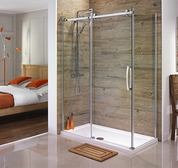 A modern glass shower in a stylish bathroom with wooden walls.